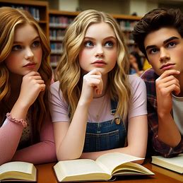 Three teens in a library